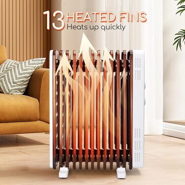 Електричний масляний радіатор Aigostar 2500W з термостатом, 13 ребер, 30м², 3 режими, захист від перекидання та перегріву, мобільний нагрівач, 2 шт.