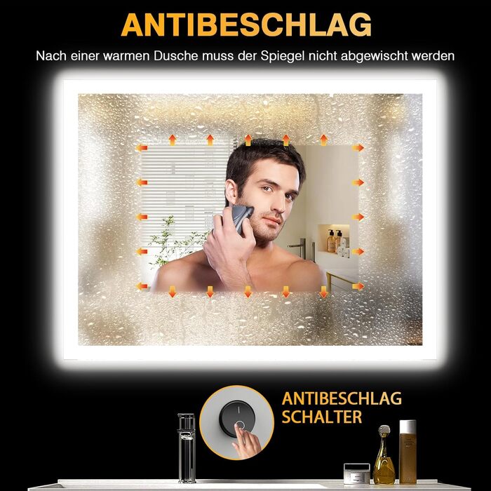 Дзеркало для ванної кімнати з підсвічуванням LED, антизапар, 2 кольори світла (3000K/6500K), нахильний вимикач, прямокутне, 45x60 см