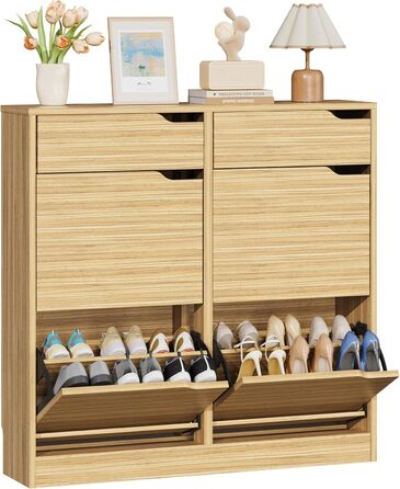 Шкаф для взуття IRONCK з 4 дверцятами, вузький, з 2 висувними ящиками, окремо розташований, з регульованими перегородками, для прихожого, входу та вітальні (білий). Матеріал: дерево. Розміри: 100x23.5x98 см