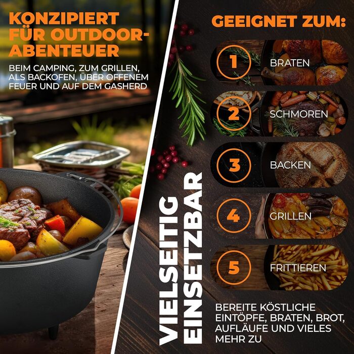 Набір Dutch Oven 9 літрів: каструля-сковорода з масивного чавуну, для приготування на вогні, з сумкою, очищувачем кришки та eBook