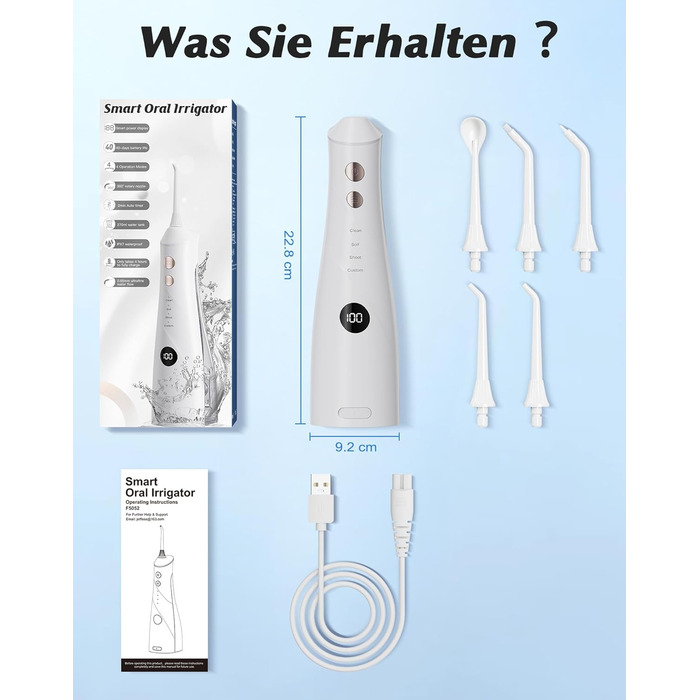 Електрична насадка для душу Munddusche: 5 струменів, 4 режими, для догляду за порожниною рота, водонепроникність IPX7, для дому та подорожей