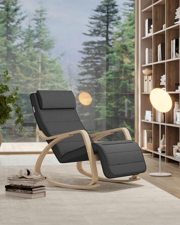 Крісло-гойдалка SONGMICS з підставкою для ніг, з підлокітниками, з натурального дерева, до 150 кг, сіро-натуральне, LYY10G