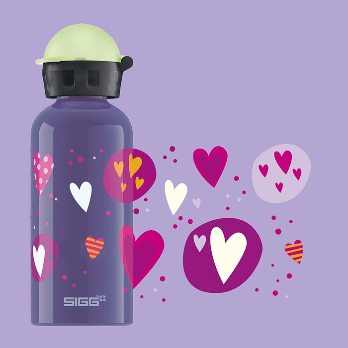 Дитяча пляшка для пиття SIGG Glow (0,4 л), Дитяча пляшка для пиття SIGG Glow з герметичною кришкою, алюмінієва легка пляшка для пиття Glow Heartballoons (Повітряні кулі Glow Heartballoons), що не містить забруднюючих речовин, з герметичною кришкою.