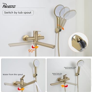 Набір змішувач для ванни PHASAT з витяжною лійкою, чорний, настінний монтаж, PTBB13E (довга лійка, матовий золотий)