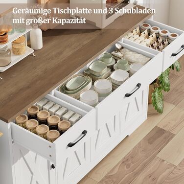 Сервант HOCSOK 140 см: кухонна шафа з 2 регульованими полицями, буфет з 3 висувними ящиками та 4 дверцятами, для вітальні, кухні, передпокою, білий & коричневий