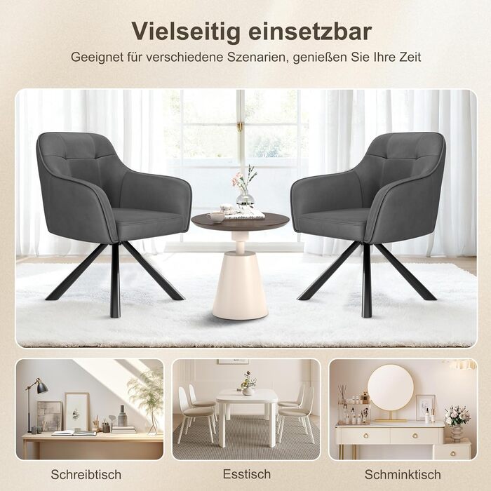 YOUDENOVA Комплект з 2-х обідніх стільців, 360° обертання з підлокітниками, оксамитовий м'який стілець для обідньої кімнати, кухні, вітальні та офісу, стільці для обідньої кімнати темно-сірий, комплект 2 шт.