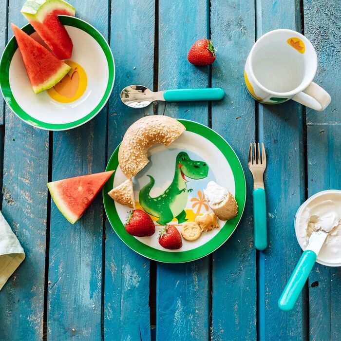 Набір дитячого посуду BIOZOYG з порцеляни: 3 шт. (тарілка, чашка, миска) з динозавром, безпечний для миття в посудомийній машині, подарунок для дитини