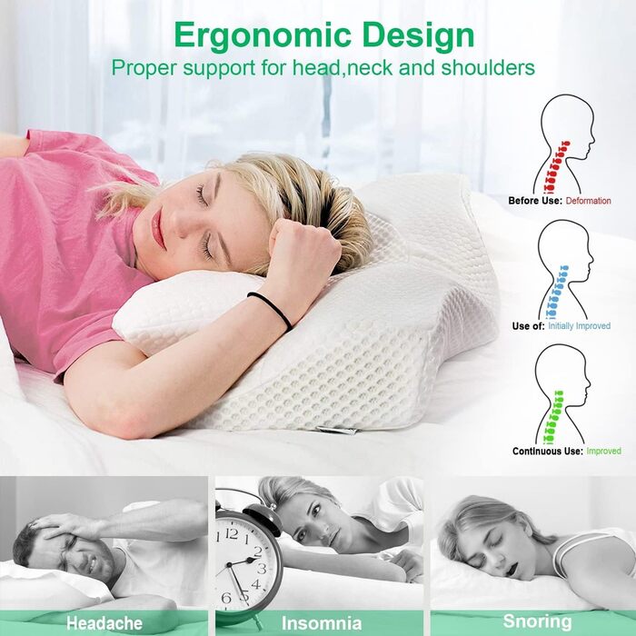 Ортопедична подушка Elviros з memory foam для сну на боці, підтримка шиї, зменшує біль у шиї та плечах, 64 x 12,5/10,5 x 38 см