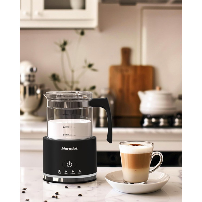 Електричний піноутворювач для молока Morpilot, 130-500 мл, 600 Вт, 4-в-1, для гарячого та холодного молока, миється в посудомийній машині, скляний, дизайн Latte, чорний
