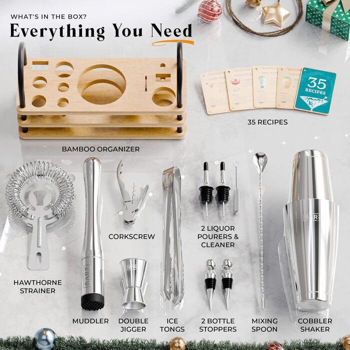 Набір для бармена Bare Barrel Pro: 14 предметів, Boston Shaker, стійка, рецепти, 28oz, професійний