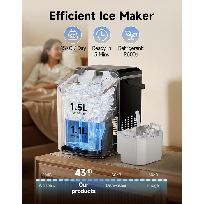 Машина для приготування морозива Komore, 15 кг/день, швидка (5 хв), портативна, з лопаткою та кошиком, самоочищення, для дому та офісу, чорна