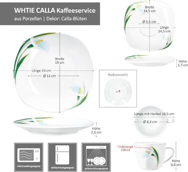 MamboCat Набір кавового сервізу 18 предметів White Calla, 150 мл, для 6 осіб, з квітковим декором