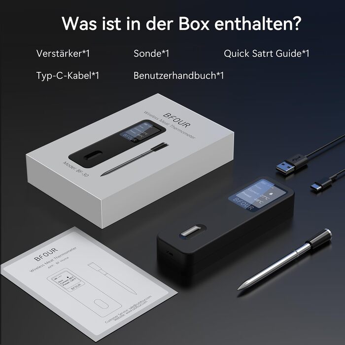 Термометр для м'яса BFOUR BF-30 PRO: бездротовий Bluetooth термометр для гриля з підключенням до додатку, LCD-дисплей, IP67 водонепроникний, для BBQ, духовки, гриля, кухні (чорний)