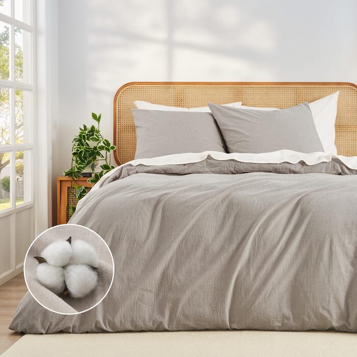 Бетліняна постільна ковдра 200x220 з бавовни бежевого кольору, супер м'яка, 100% бавовна, попередньо випрана, з льоноподібною текстурою, сертифікат ÖKO-TEX, комплект постільної білизни 200x220 + 2 наволочки 80x80 з блискавкою