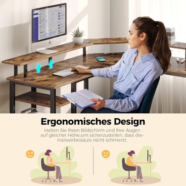 Кутовий стіл Rolanstar з RGB-підсвіткою та розетками, 135 см, для комп'ютера з підставкою для монітора та полицею, реверсивний, з 2 гачками, для спальні/офісу, вінтажний коричневий, 134,5 x 134,5 x 86,2 см