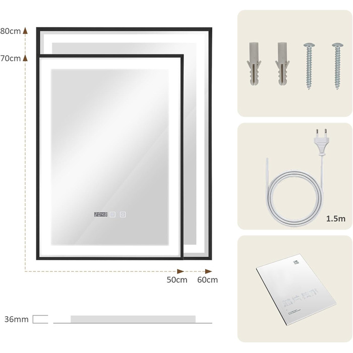Дзеркало для ванної кімнати YOURLITE з підсвіткою, 85x55 см, LED, сенсорне керування, 3 кольори світла, регулювання яскравості, протизапобігання запотіванню, вертикальна/горизонтальна орієнтація, IP44, білий (чорний-5070)