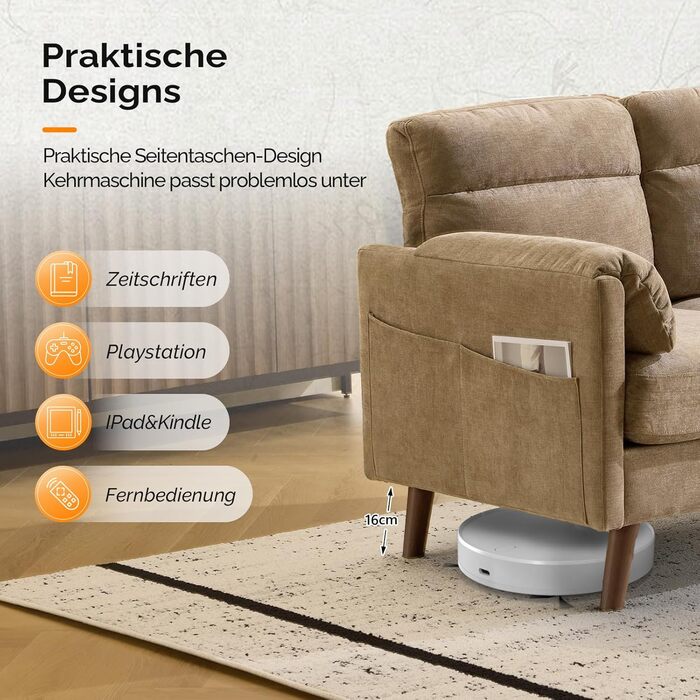 Диван Bonnlo 2-місний, компактний, 125 см, тканинний, з м'якими підлокітниками, для офісу, вітальні, спальні, кабінету, легка збірка, льон, коричневий