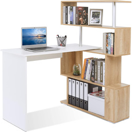 Комп'ютерний стіл Meerveil L-подібної форми з обертовою книжковою полицею, 157x45x130.5 см, білий/дуб