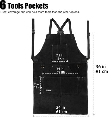 Зварювальна шкура QeeLink зі зварювальними рукавичками - шкіряна шкура з 6 кишенями, вогнестійка та термостійка робоча шкура (Чорний - 61 x 91 см)