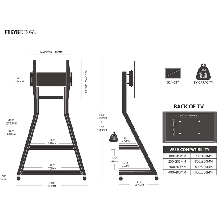 Рулонна підставка для телевізора FITUEYES 32-65 дюймів, регулюється по висоті, поворотна, нахиляється, до 40 кг