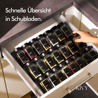 Набір скляних банок для спецій KIVY з дозатором [24x 120 мл] + 240 вологостійких етикеток - герметичні скляні баночки для спецій - набір банок для спецій чорного кольору