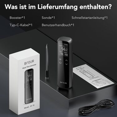 Термометр для м'яса BFOUR WiFi з Bluetooth, 6 сенсорів, з App-керуванням, бездротовий, для гриля та запікання