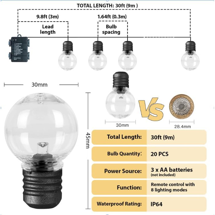 Ланцюжок прикрас для зовнішнього використання на батарейках G30, 9м, 20 LED, тепле біле світло, з пульт дистанційного керування, таймер, диммування, IP64, для саду, ялинки, балкона, бістро.