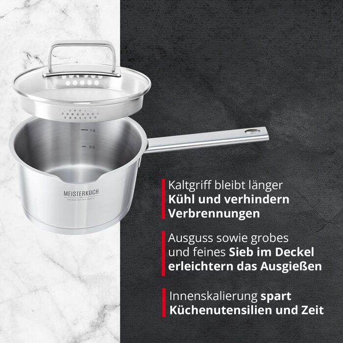 Каструля Meisterkoch з нержавіючої сталі 16 см | з виливом, мірною шкалою та ізольованою ручкою | 1 скляна кришка з дрібним та великим ситом | посуд з нержавіючої сталі, підходить для індукційних плит 16 см