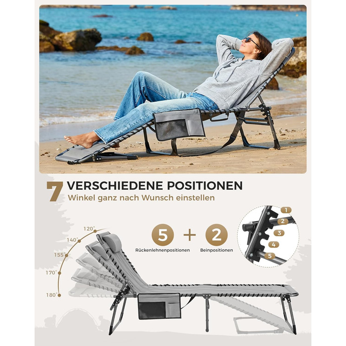 Лежак для відпочинку KingCamp великого розміру, складаний, 5 положень, для саду, кемпінгу, пляжу, з подушкою та кишенею, до 200 кг, 200 x 68 см, сірий