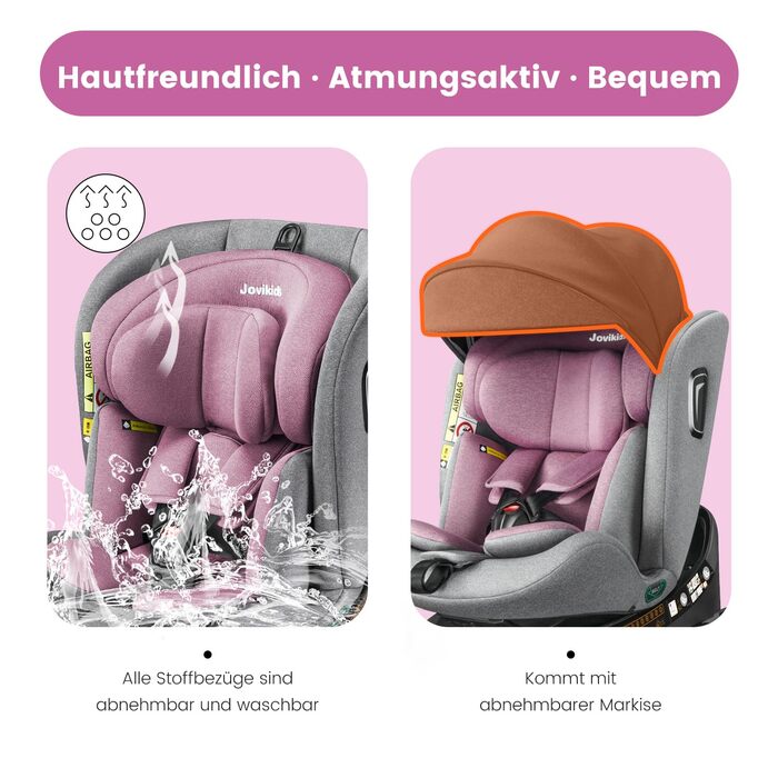 Дитяче автокрісло, що обертається на 360 Jovikids, з ISOFIX, i-Size (ECE R129) Дитяче автокрісло групи 01/2/3 Автокрісло, звернене проти напрямку руху, з функцією відкидання та знімним навісом (40-150 см, 0-36 кг, 0-12 років) (рожевий)