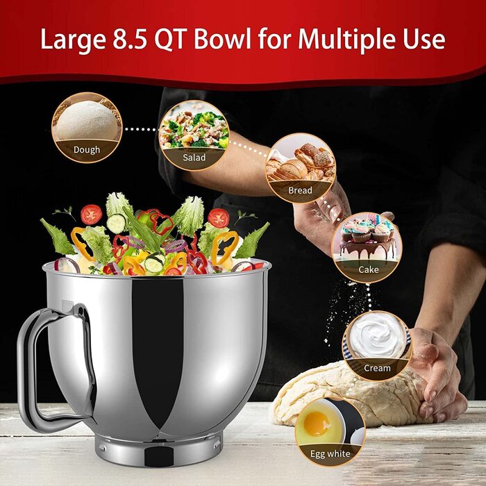 Кухонна машина Zuccie з тихою роботою, місткістю 5л, з нержавіючою сталевою чашею, 3 насадки, захист від бризок, скребок для тіста та роздільник яєць, 8+ швидкостей