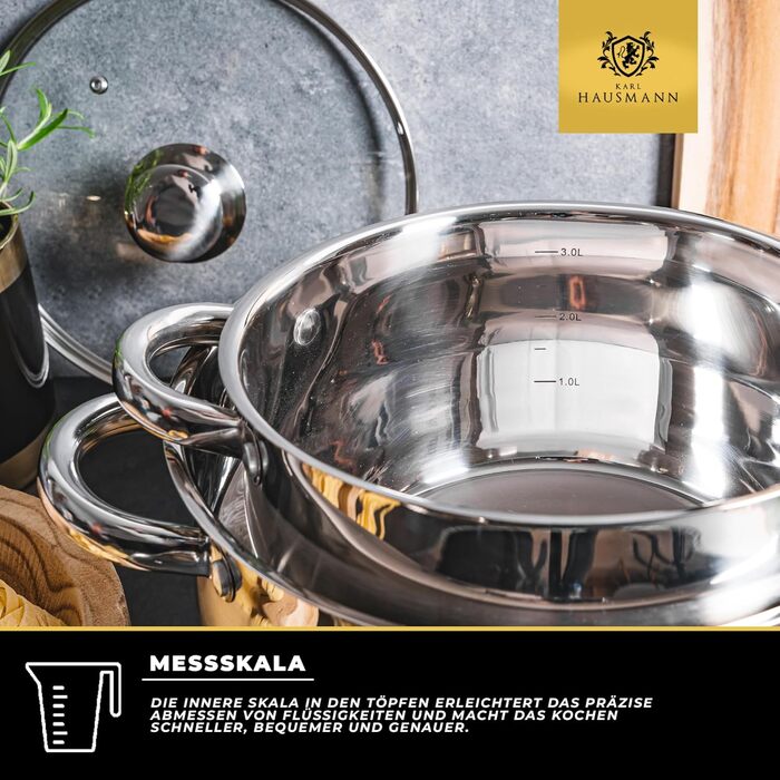 Набір каструль Karl Hausmann 3 шт. з нержавіючої сталі для індукційних та інших плит з кришкою з термостійкого скла та мірною шкалою