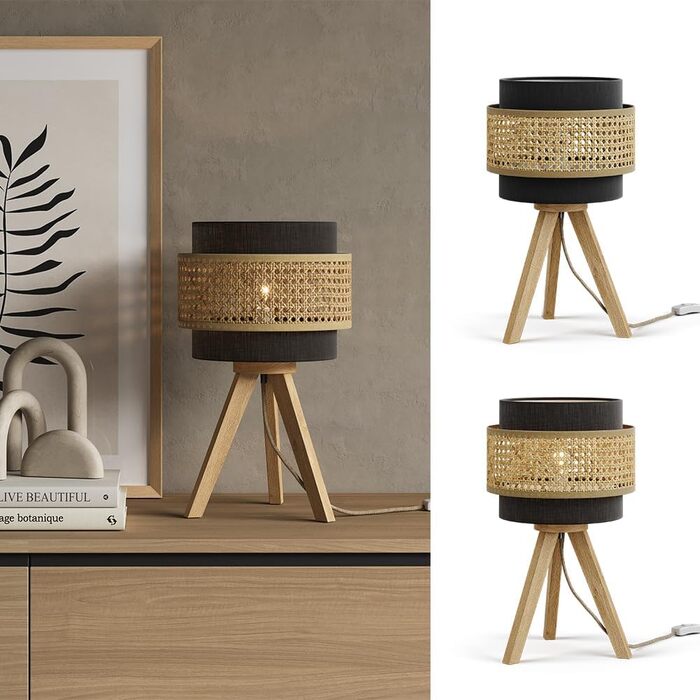 Настільна лампа Vicco Morten з ротангу та чорного кольору, 26 x 45 см, з підставкою