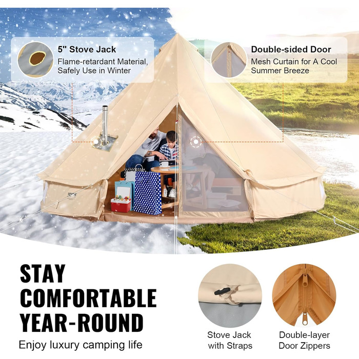 Намет-юрту VEVOR Glockenzelt 3-7м, бавовна TC, для 6-12 осіб, з PVC підлогою, кемпінговий намет