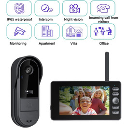 Відеодзвінок з камерою 1080P HD, бездротовий, IP65, водонепроникний, дисплей 4,3 дюйма, двостороння аудіо, нічне бачення, 170° кут огляду, автоматична фото/відео зйомка