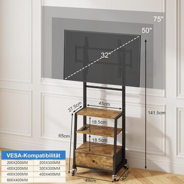 Тумба для телевізора на колесах з ящиком, для телевізорів 32-75 дюймів, регульована, з розеткою, коричнева, 140 см