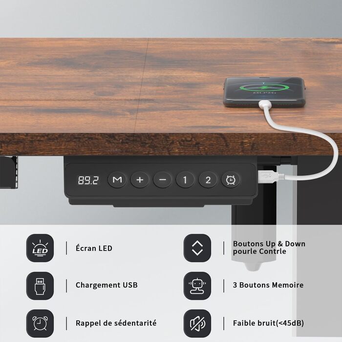 Ергономічний регульований стіл з USB, 140x60 см, комп'ютерний стіл для дому, коричневий