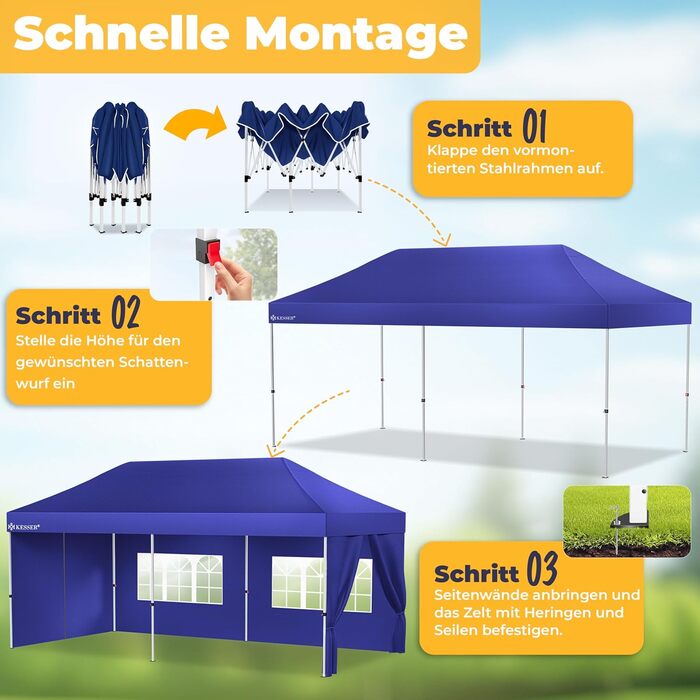 Павільйон KESSER® 6x3м з 6 знімними стінками, для саду, регульована висота, водовідштовхувальний, з сумкою, колісними анкерами, UV-захист 50+, для вечірок (Темно-синій)