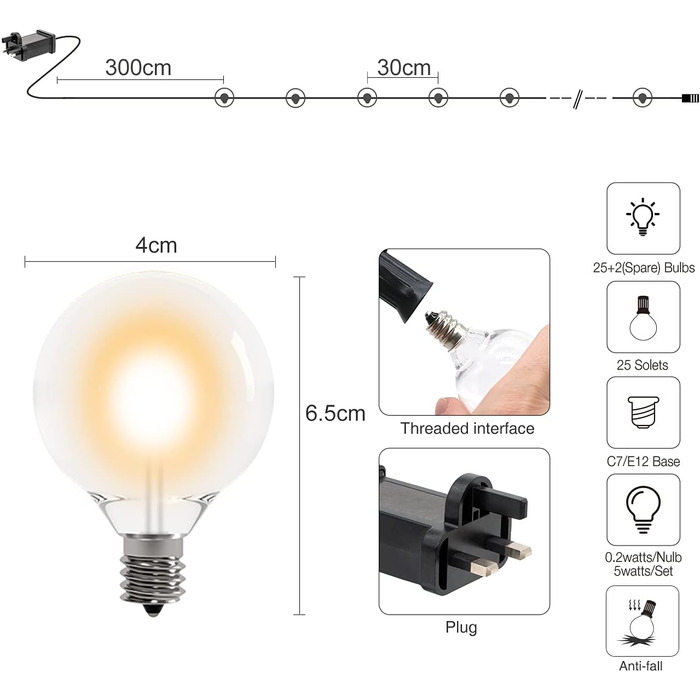Сонячна гірлянда для вулиці Litogo з 25+2 лампочками G40, 8 режимів, диммування, пульт ДУ, тепле світло, для балкона, саду, тераси (UK Plug)
