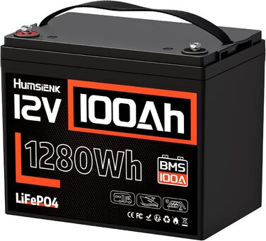 Акумулятор LiFePO4 HumsiENK 12V 100Ah, вбудований BMS на 100А для будинків на колесах, човнів, тролінгових двигунів