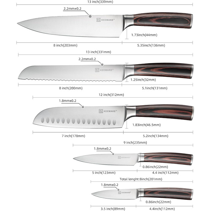 Набір кухонних ножів Keemake 7 предметів з дерев'яним блоком, професійний набір кухонних ножів з нержавіючої сталі та пластикової ручки