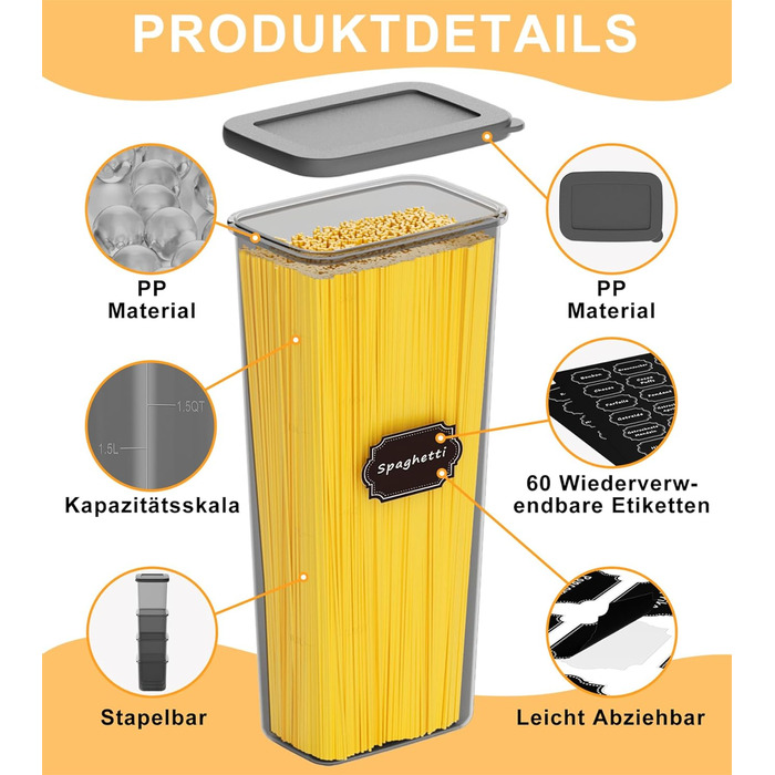 Набір контейнерів для зберігання продуктів 18 шт. з кришкою, герметичні, для кухні, антрацит (до 2,5л)