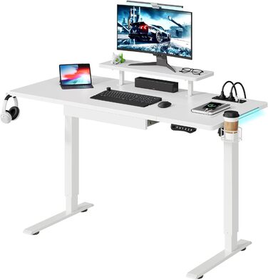 Регульований по висоті письмовий стіл з регульованою висотою електричний з розеткою, ергономічний стіл сидячи і стоячи зі стільницею з чотирьох частин, комп'ютерний стіл з функцією пам'яті (білий, 160x75 см)
