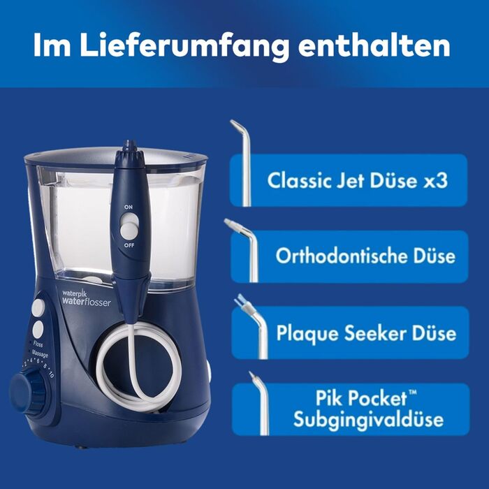 Waterpik Ultra Professional: Іригатор для ротової порожнини, тестування 2025, технологія Precision Pulse, сертифікат TÜV, видаляє до 99,9% нальоту, 6 насадок, 10 режимів, таймер, блакитний