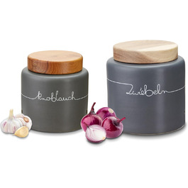 Набір контейнерів для картоплі, цибулі та часнику KHG, 3 шт., кераміка, антрацитовий сірий, бамбукові кришки, об'єм 3 л та 1,5 л