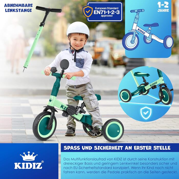 Біговел-триколіс KIDIZ 6-в-1 для дітей 1-5 років до 25 кг, з ручкою, захисним бампером, ременем безпеки, дзвінком та дзеркалом (зелений)