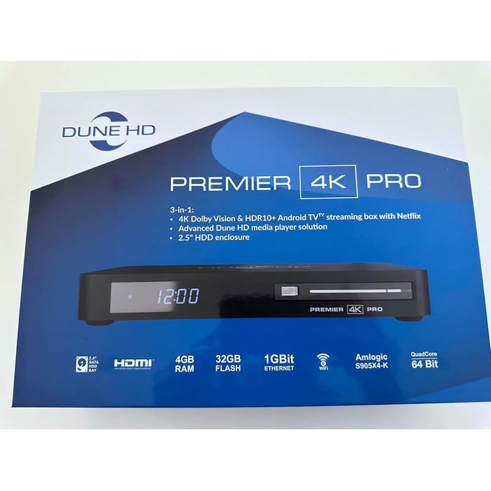 Dune HD Premier 4K Pro Android TV 11 | Потоковий медіаплеєр | Netflix 4K Dolby Vision & Atmos | 4 ГБ/32 ГБ, слот HDD 2.5, AV1, Wi-Fi 6, 1 Гбіт, ISO DV P7 FEL MKV AFR | HDR10+ | DTS |