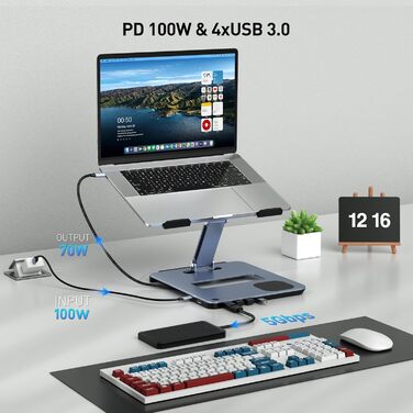 Підставка для ноутбука BENFEI з алюмінію з USB-C док-станцією 6в1, 15W Mag-Safe зарядкою, USB 3.0 KVM Switch, HDMI 4K@60Hz, 4*USB3.0, 100W PD для MacBook Pro/Air iPad Pro XPS Thinkpad