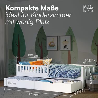 Ліжко дитяче Bellabino Vils 90x200 см з ящиком, захистом від падіння та ламелями – ліжко Монтессорі для дітей з масиву сосни, біле. Підходить для хлопчиків та дівчаток, з місцем для зберігання.
