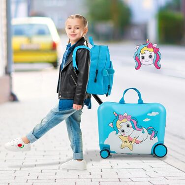 Набір дитячих дорожніх валіз SOARS, візок на колесах, 40 л, 40 л, візок на колесах 30,5 см (12 дюймів), дитячий рюкзак з ручкою та регульованими лямками, багатофункціональний, 47 х 26,5 х (єдиноріг, синій)
